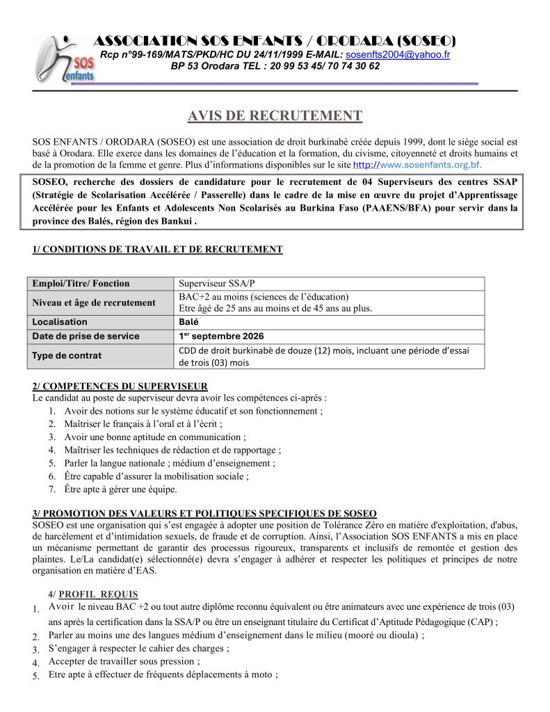 Recrutement de 04 Superviseurs des centres SSAP