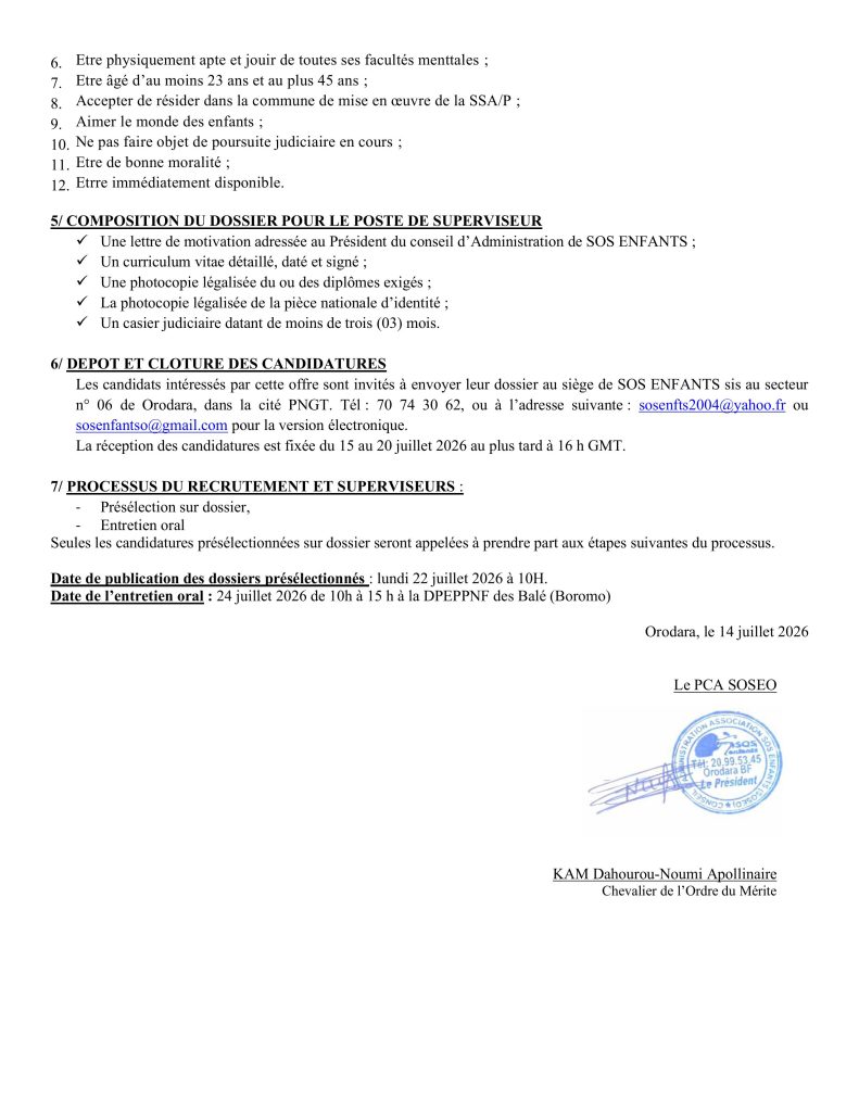 Recrutement de 04 Superviseurs des centres SSAP